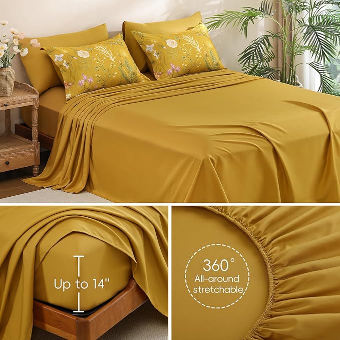 Yiran King Size Comforter Set, 7 Pieces Yellow Floral Soft Bedding Sets, King Bed in a Bag Botanical Flowers All Season Comforter, Sheets, Pillowcases & Shams