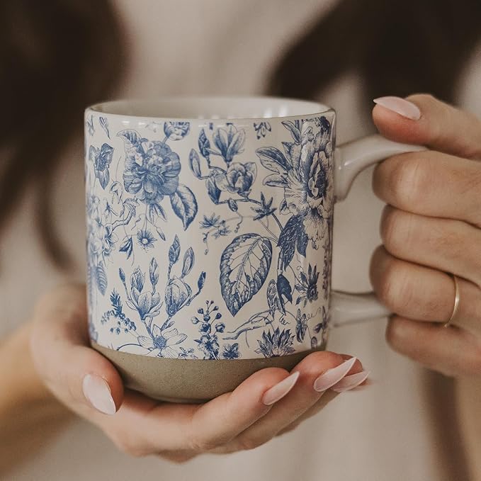 Sweet Water Decor Blue Delft Stoneware Coffee Mugs - 14oz Cute Coffee Mugs for Hot & Cold Drinks - Dishwasher & Microwave Safe - Spring Home Decor and Gift - Ideal Tea & Espresso Mugs