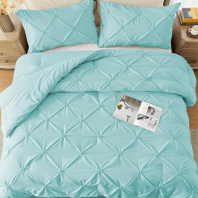 UNIKOME Queen Comforter Set Aqua Blue - Ultra Soft Boho Pintuck Down Alternative Bedding Set for All Seasons, 3 Pieces Lightweight Warm Pinch Pleat Bed Set with Comforter, 2 Pillowcases