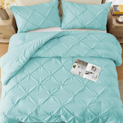UNIKOME King Size Comforter Set Aqua Blue - Ultra Soft Boho Pintuck Down Alternative Bedding Set for All Seasons, 3 Pieces Lightweight Warm Pinch Pleat Bed Set with Comforter, 2 Pillowcases