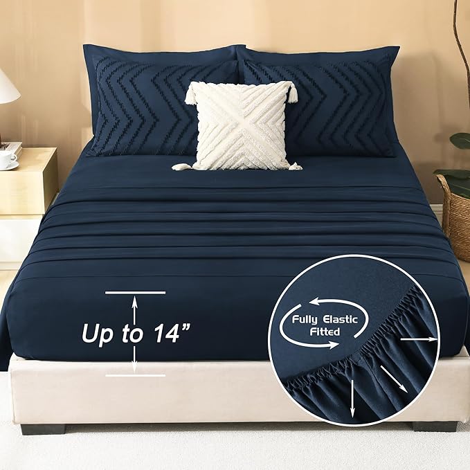 Litanika Navy Blue Queen Size Comforter Set with Sheets - 7 Pieces Bed in a Bag Queen Boho Tufted Complete Bedding Sets with Comforter, Sheets, Pillowcases & Shams