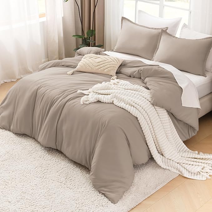 Litanika Light Coffee Oversized King Comforter Set Super King Plus Size, 3 Pieces Lightweight Solid Bedding Comforter Set, All Season Fluffy Bed Set (128x120In Comforter & 2 Pillowcases)