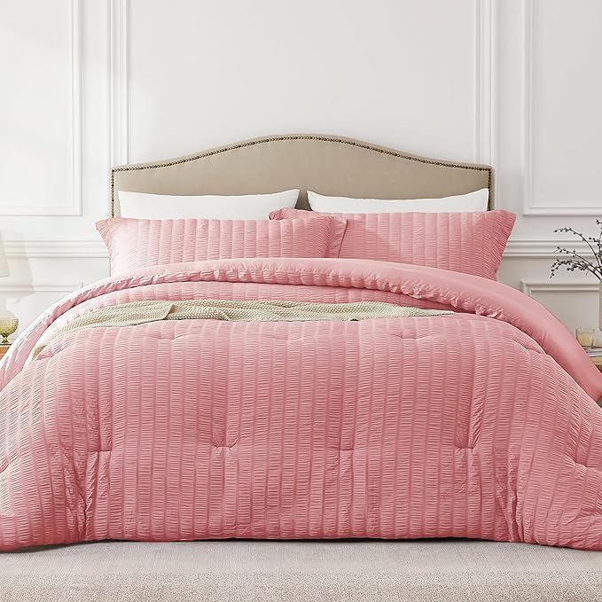 Full Size Comforter Set Peach Pink,3PCS Seersucker Lightweight Bedding Comforter for All Season, Full Size(82''×86'' Comforter & 2 Pillowcases)