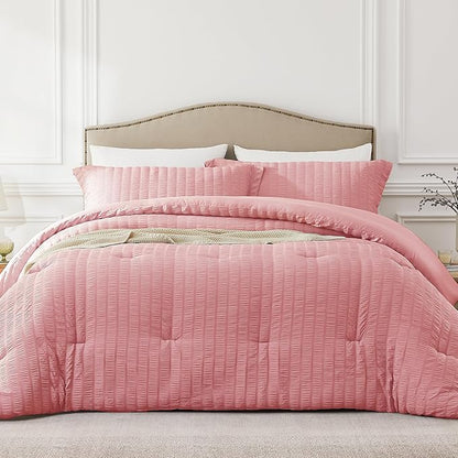 Oversized Queen Comforter Set Peach Pink,Extra Length Fit for Thick Mattresses,3PCS Seersucker Bedding Comforter for All Season, Oversized Queen Size(98''×98'' Comforter & 2 Pillowcases)