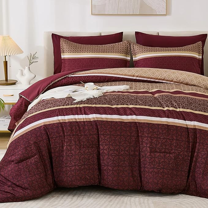 WONGS BEDDING Burgundy Comforter Set King Size,7 Pieces Maroon Striped Bed in a Bag Comforter and Sheet Set,Patchwork Soft Lightweight Micorfiber Bedding Set for All Seaon (90"×104")
