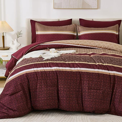 WONGS BEDDING Burgundy Comforter Set King Size,7 Pieces Maroon Striped Bed in a Bag Comforter and Sheet Set,Patchwork Soft Lightweight Micorfiber Bedding Set for All Seaon (90"×104")
