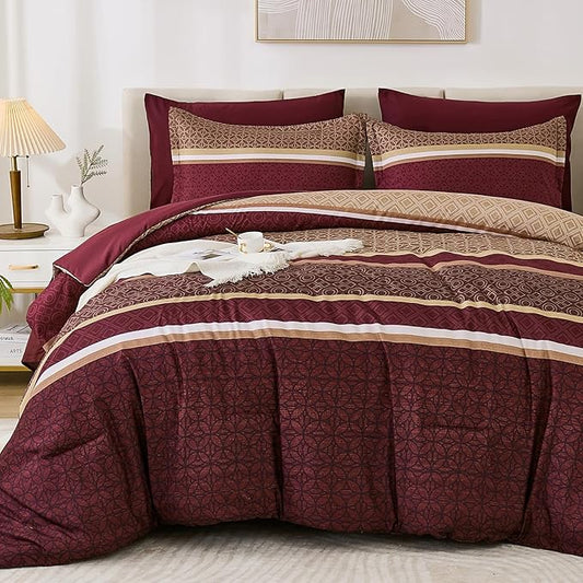WONGS BEDDING Burgundy Comforter Set King Size,7 Pieces Maroon Striped Bed in a Bag Comforter and Sheet Set,Patchwork Soft Lightweight Micorfiber Bedding Set for All Seaon (90"×104")