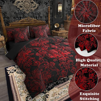 Erosebridal Gothic Damask Bed in a Bag Queen Comforter Set 7 Piece,Exotic Moth Bedding Sets Red Black Victorian Floral Goth Sheet Set with Comforter