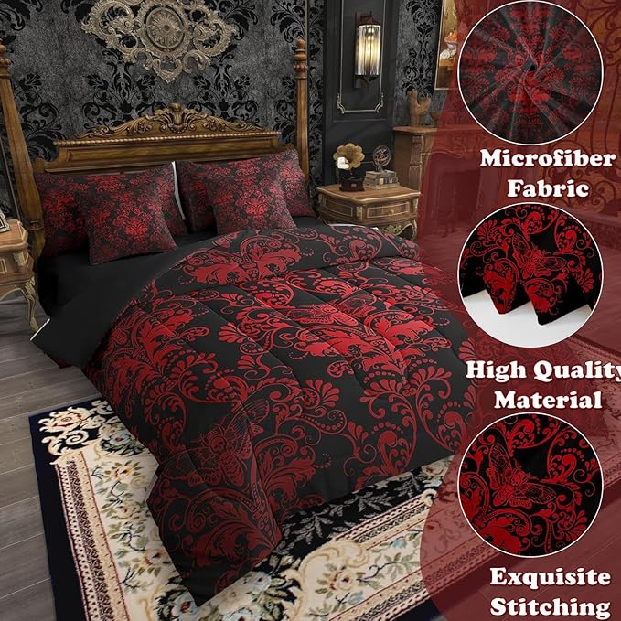 Erosebridal Gothic Damask Bed in a Bag King Size Comforter Set 7 Pieces,Exotic Moth Bedding Sets Red Black Victorian Floral Goth Sheet Set with Comforter