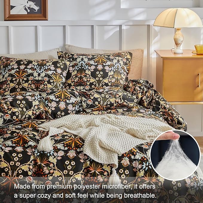 mixinni Vintage Floral Comforter Set Queen, All Seasons Bohemian Bedding Set, 3 Pieces Farmhouse Boho Shabby Chic Vibrant Colors Flowers Plants Comforter Set Perfect for Women and Men-Queen Size