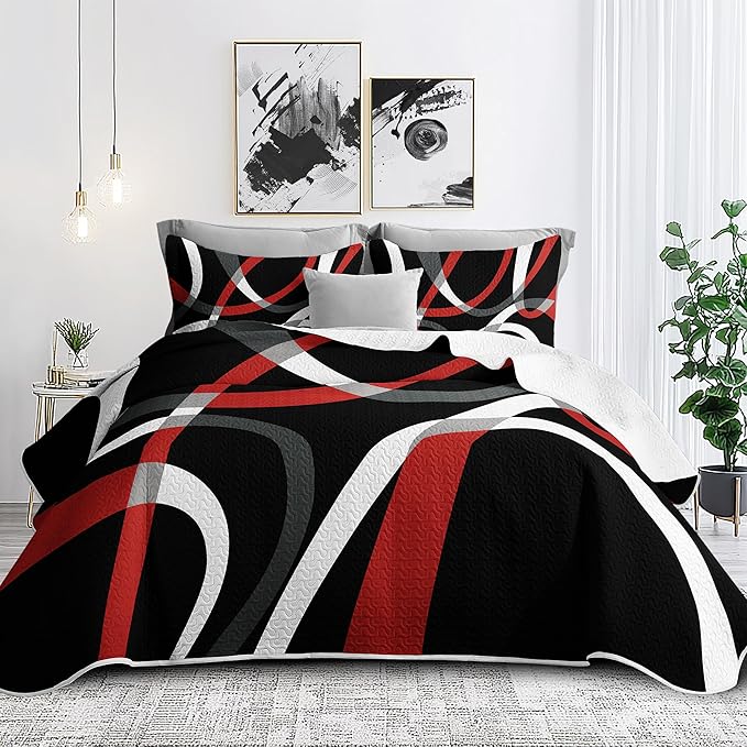 weesire Black and Red Bedding Quilt Queen Size with 2 Shams, Modern Stripe Comforter Sets Classic Line Pattern Bedspreads Grey and Red Coverlet, 90''x96''