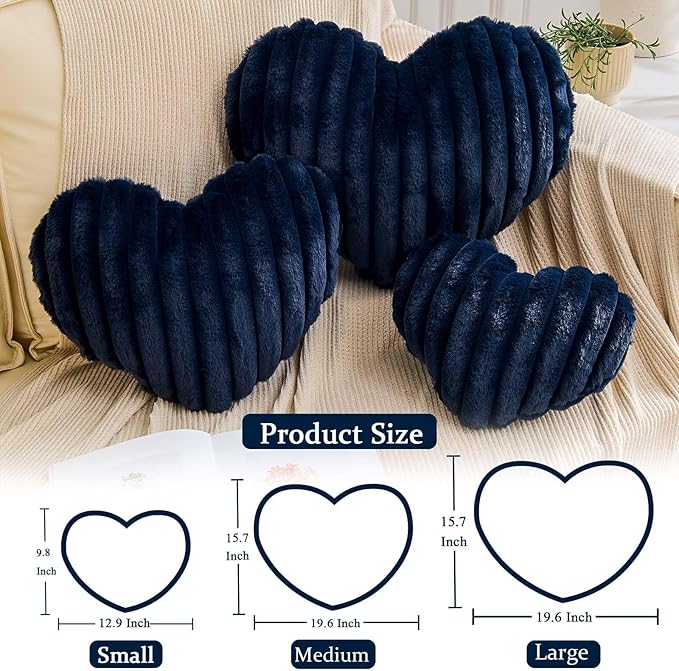 Heart Pillows Heart Decorative Pillow Soft Fluffy Heart Shaped Navy Throw Pillows with Faux Rabbit Fur Aesthetic Room Decor Cute Small Pillow for Valentines Mother's Day