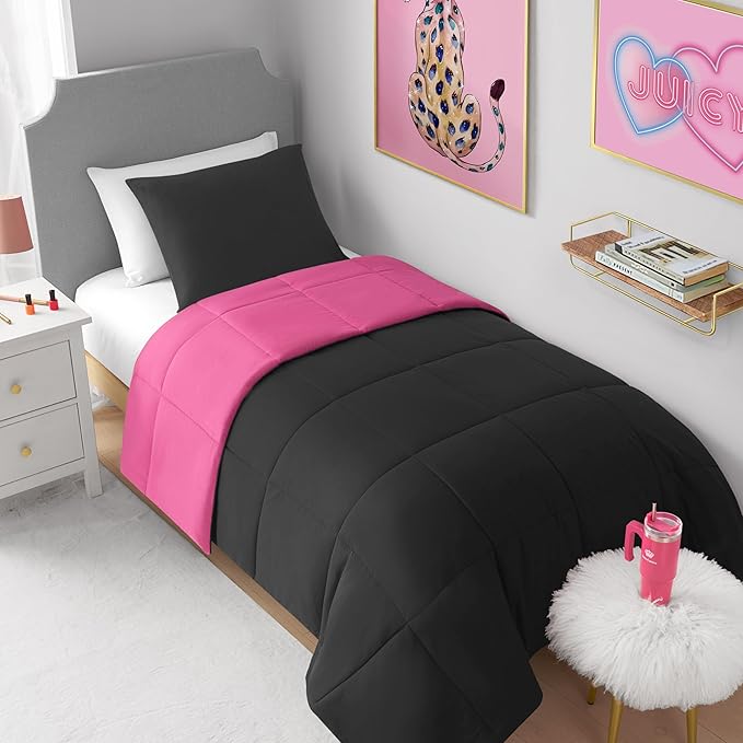 Juicy Couture Reversible Box Stitch Comforter Set, 3-Piece Full/Queen – Hot Pink/Black – Glam Bedding Set
