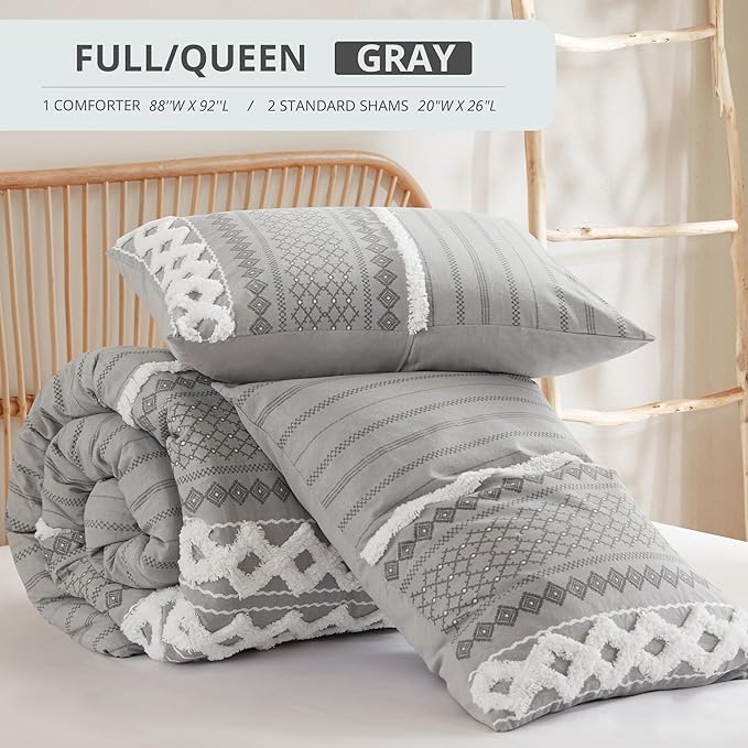 INK+IVY Comforter for Queen Size Bed, Chenille Tufted, Breathable Cotton Comforter Set Queen, All Season Modern Boho Comforter with Farmhouse Bedding Flare, 2 Matching Shams, Queen Gray 3 Piece
