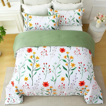 King Comforter Set Green 3 Pieces Bed in a Bag, Colorful Floral Bedding Sets Elegant Botanical Bed Set Lightweight Soft Comforter with 2 Pillowcases for All Season