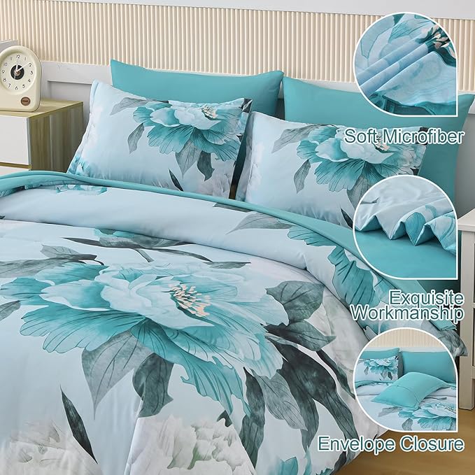 Dobuyly Floral Comforter Set King Size 7 Piece Bed in a Bag, Aqua Flowers on Light Blue Comforter Set with Sheets, Soft Microfiber Botanical Complete Bedding Set for All Season