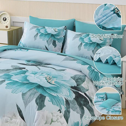 Dobuyly Floral Comforter Set King Size 7 Piece Bed in a Bag, Aqua Flowers on Light Blue Comforter Set with Sheets, Soft Microfiber Botanical Complete Bedding Set for All Season