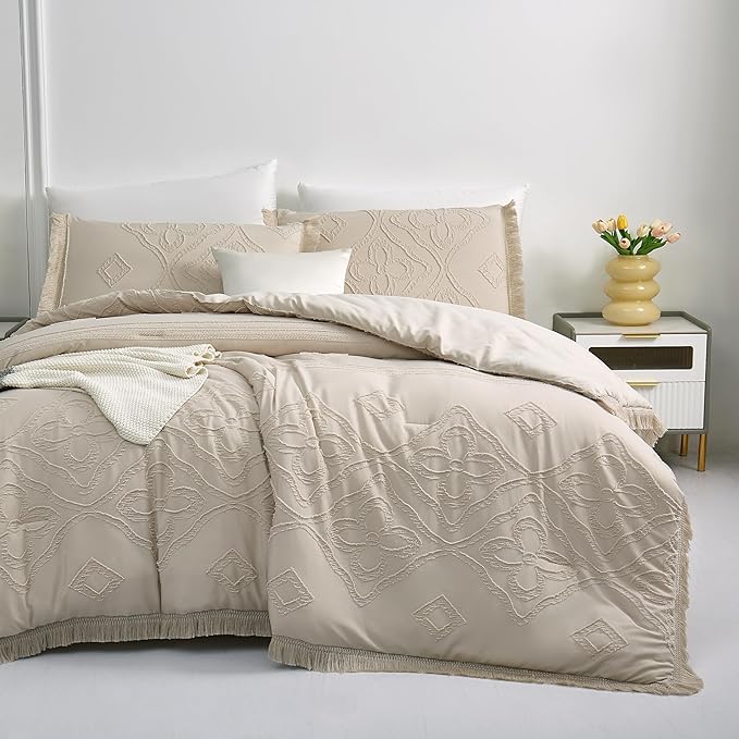 Boho King Size Comforter Set Beige 3 Pieces Tufted Tassel King Comforter Set Prime Lightweight Down Comforter King Size Beige Farmhouse Boho Bedding Shabby Chic Fluffy Comforter Bed Set Gift Choice