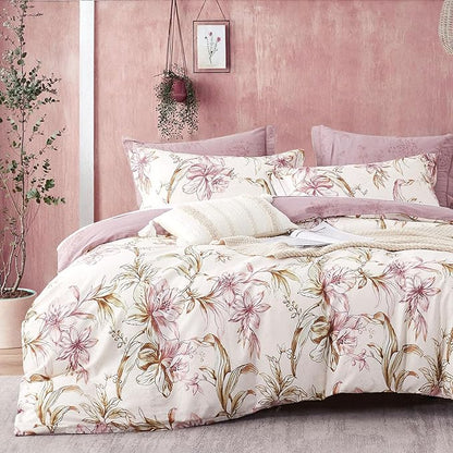 Floral Cotton Comforter King Size 3Pcs - Pink Flowers on Botanical Textured Beige Front, Mauve Taupe Back, Reversible Lightweight Bedding Sets with Soft Fill(King, 104"×90")