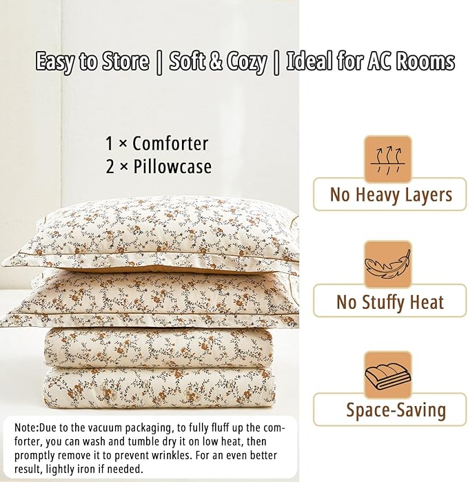 Burnt Orange Floral Cotton Comforter King Size - Delicate Tiny Flowers and Gray Branches on White, Textured Rust Back, 3PC Luxurious Lightweight Bedding Set with Ultra-Soft Alternative Fill
