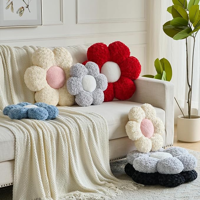 Flower Pillows, Decorative Throw Pillow with Soft Plush for Couch, Flower Shaped Pillow Home Decor Daisy Pillow for Bed (Beige, 19.6 Inches)