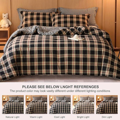 100% Cotton Comforter Set Twin Size – Reversible Yarn-Dyed Checkered Design, Soft Washed Cotton on Both Sides, Lightweight All-Season Bedding, Machine Washable(Black Red Plaid, 68”x90”)