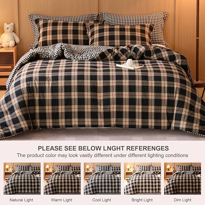 100% Cotton Comforter Set King Size – Reversible Yarn-Dyed Checkered Design, Soft Washed Cotton on Both Sides, Lightweight All-Season Bedding, Machine Washable(Black Red Plaid, 104”x90”)