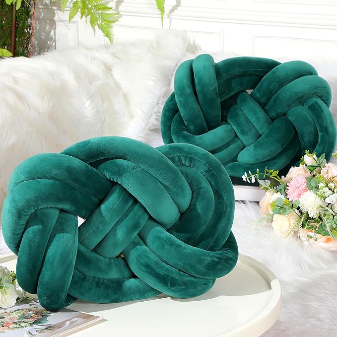 Sintuff Set of 2 Velvet Knot Pillow Ball 14 x 16 Inch Soft Decorative Knotted Throw Pillow for Christmas Thanksgiving Couch Home Sofa Bedroom Decor to Add Comfort and Style(Green)