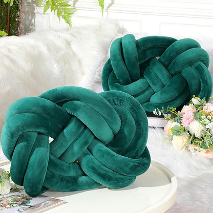 Sintuff Set of 2 Velvet Knot Pillow Ball 14 x 16 Inch Soft Decorative Knotted Throw Pillow for Christmas Thanksgiving Couch Home Sofa Bedroom Decor to Add Comfort and Style(Green)