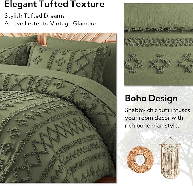 MR&HM Twin XL Comforter Set Olive Green, 5 Pieces Bedding Set, Farmhouse Shabby Chic Bed in a Bag with 1 Comforter, 1 Pillow Shams, 1 Pillowcases, 1 Flat Sheet, 1 Fitted Sheet for College Dorm