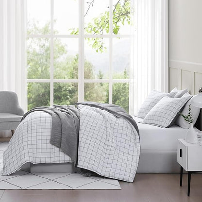 Casa Platino Queen Comforter Set - Pre-Washed Duvet Insert & 2 Pillow Shams - Brushed Microfiber Windowpane