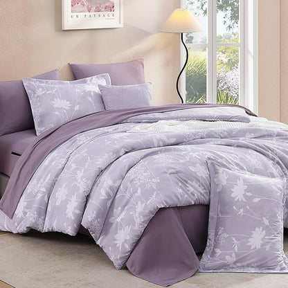 Twin XL Comforter Set -5 Pieces Floral Lavender Purple Bedding Set for All Seasons, Bed in a Bag with Botanical Flowers Comforter, Sheets, Pillowcase & Sham