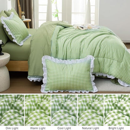 A Nice Night Comforter 5Pcs Full Size,Green Ruffle Comforter for Dorm Room Essentials for Twin Bed,Plaid Checkered Chic Bedding Bed in a Bag for Girls