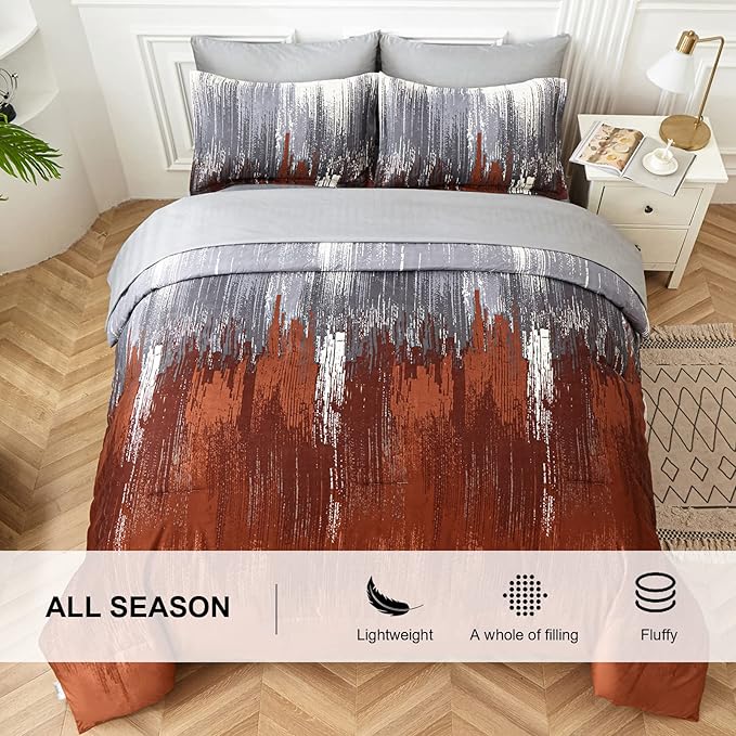 WONGS BEDDING Comforter Set King, Thanksgiving Burnt Orange 7 Pieces Bed in a Bag Abstract Gradient Soft Microfiber Fall Terracotta Bedding Set with Flat Sheet, Fitted Sheet, Pillow Shams, Pillowcases