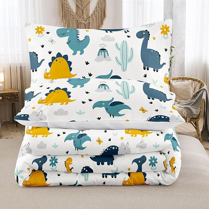 MWMWMW Cartoon Dinosaur Comforter Sets Full, 3-Piece Dinosaur Bedding Sets for Kids Boys & Girls, Soft Microfiber Twin Size Comforter Sets for Kids Boys with 2 Pillowcases