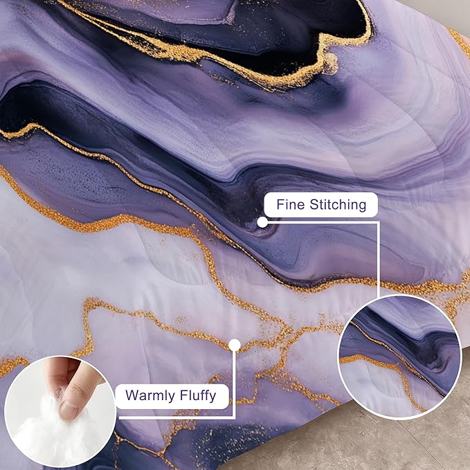 Marble Purple Bedding Set for Kids Women Queen Size Purple Gold Tie-Dye Comforter Set Modern Quilt Gradient Comforter for All Age Abstract Bed Sets with 1 Comforter + 2 Pillowcases