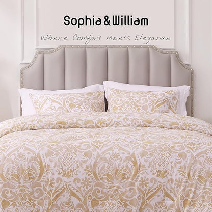 Sophia & William Bronze Damask King Size Comforter Set, 3 Pcs Cotton Comforter Set with Printed Comforter & 2 Pillowcases, All Season Lightweight Bedding Set