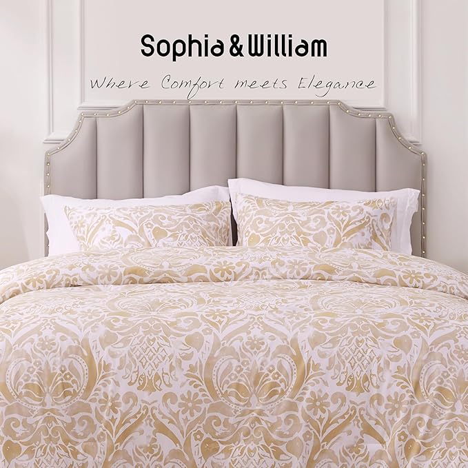 Sophia & William Bronze Damask Queen Size Comforter Set, 3 Pcs Cotton Comforter Set with Printed Comforter & 2 Pillowcases, All Season Lightweight Bedding Set