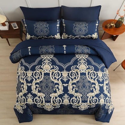 Mybedsoul 7 Pieces Blue Gold Comforter Set King Size, Damask Bed in a Bag for King Bed, Lightweight Microfiber Boho Bedding Sets with Comforter, Sheet, Pillowcases & Shams for All Season(90"x104")