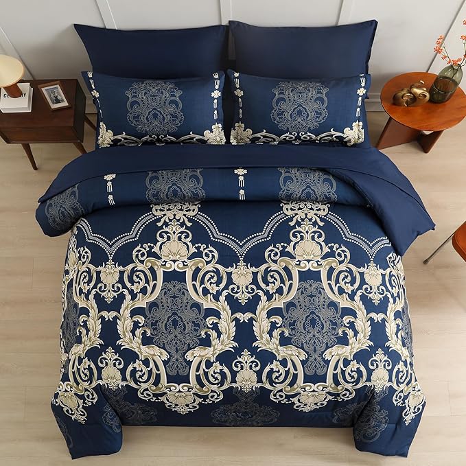 Mybedsoul Blue Gold Queen Comforter Set, 7 Pieces Boho Bed in a Bag for Queen Bed, Damask Comforter with Sheets Pillowcases, Soft Microfiber Lightweight Bedding Sets for All Season(90"x90")