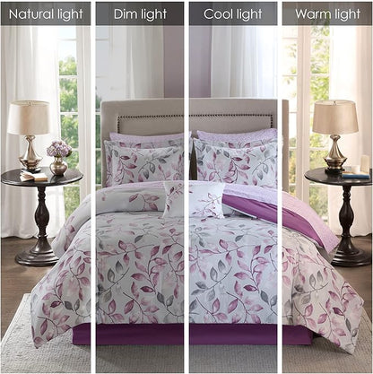 Madison Park Essentials Cozy Bed In A Bag Comforter with Complete Cotton Sheet Set - Trendy Floral Design All Season Cover, Decorative Pillow, Twin(68"x86"), Leaf Purple 9 Piece