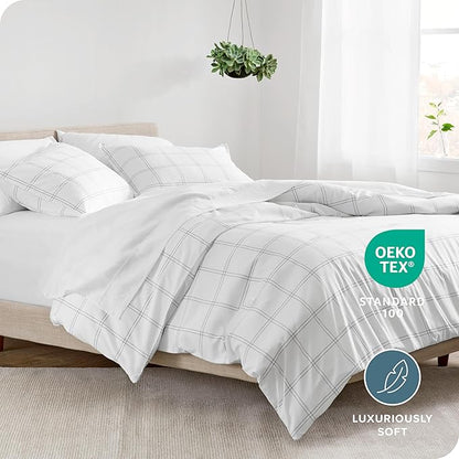 Bare Home Comforter Set - Full Size - Ultra-Soft - Goose Down Alternative - Premium 1800 Series - All Season Warmth Comforter (Full, Modern Plaid - White/Grey)