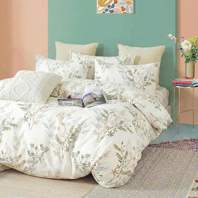100% Cotton Comforter Queen Size – 3 Piece Botanical Printed Bed Comforter Set with Pillowcases, Soft Lightweight All Season Bedding Set, Cottagecore Aesthetic Natural Floral Bedding