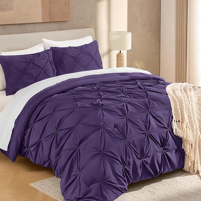 Andency Purple Comforter Full(79x90Inch), 3 Pieces(1 Pintuck Comforter and 2 Pillowcases) Microfiber Pinch Pleat Comforter Set Twin Size, Lightweight and Soft Bedding Comforter Set