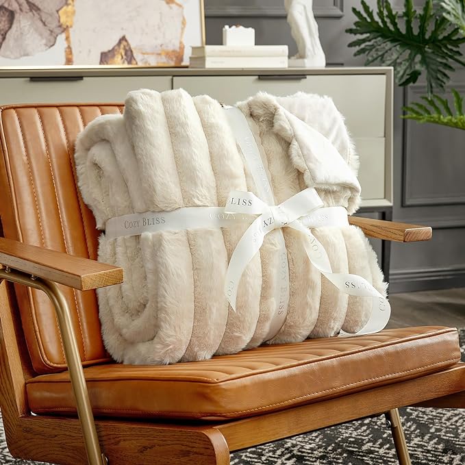 Cozy Bliss Faux Fur Throw Blanket for Couch, Cozy Warm Plush Striped Blanket for Sofa Bedroom Living Room, 108 * 90 Inches Beige