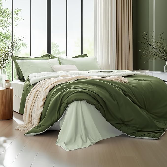 Full Size Comforter Sets 7 Pieces, Dark Green, Reversible Sage Green, Full Bedding Sets, Soft Bed in a Bag Full with Comforter, Sheets, Pillowcases & Shams, All Seasons Boho