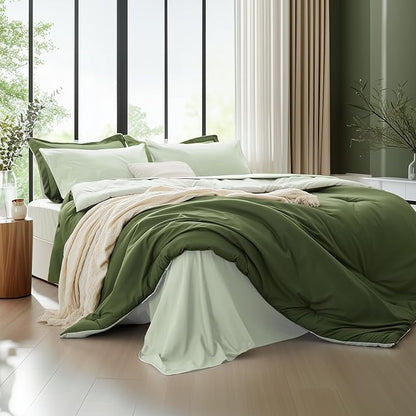 Full Size Comforter Sets 7 Pieces, Dark Green, Reversible Sage Green, Full Bedding Sets, Soft Bed in a Bag Full with Comforter, Sheets, Pillowcases & Shams, All Seasons Boho