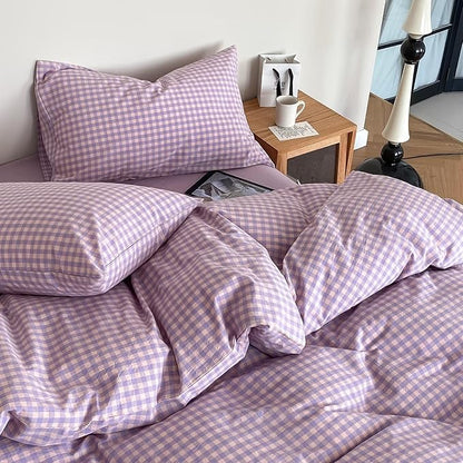 mixinni Purple Gingham Comforter Set Queen, Plaid Comforter Set 3 Pieces 1 Purple Grid Comfoter with 2 Pillow Cases for All Seasons, Soft Fluffy Modern Grid Pattern Printed Bedding-Queen Size
