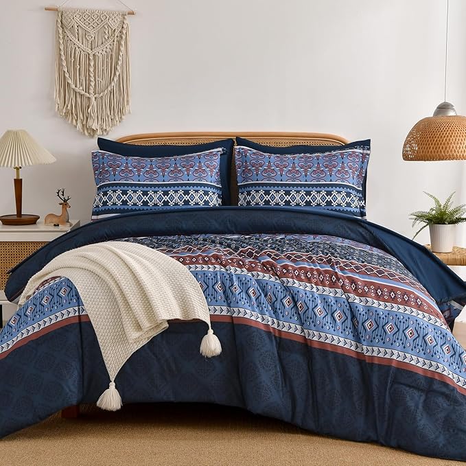 Boho Comforter Set Queen Size,7 Pieces Bohemian Comforter Bedding Set Bed in a Bag,Navy Blue Paisley Floral Comfortet and Sheet Set,Soft Striped Bedding Sets for All Season
