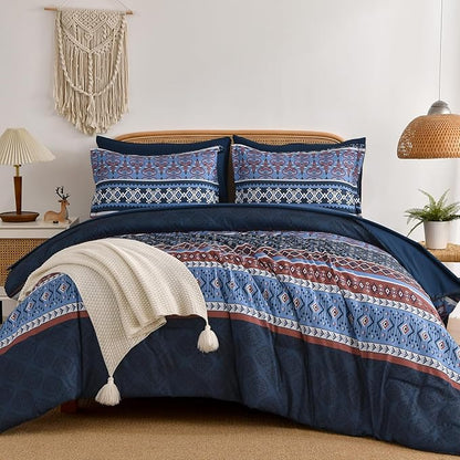Comforter Set King Size Boho,7 Pieces Bohemian Bedding Comforter Set Striped Bed in a Bag,Navy Blue Paisley Floral Comfortet and Sheet Set,Soft Microfiber Bedding Sets for All Season